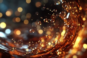 Golden bubbles swirling in amber liquid captured in motion evoking luxury elegance and celebration