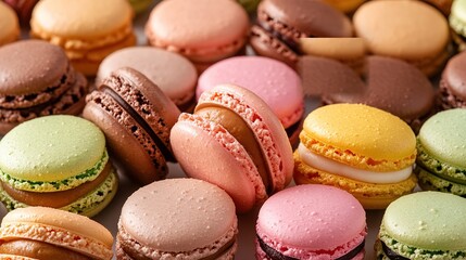 A delightful assortment of colorful macarons arranged artfully on a delicate plate. These French confections showcase a variety of vibrant flavors, each with a smooth, glossy shell and a rich filling.