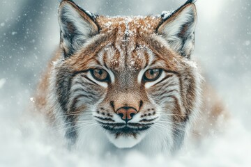 Obraz premium A majestic lynx with piercing eyes stands amid falling snow, highlighting its powerful presence in the winter wilderness.