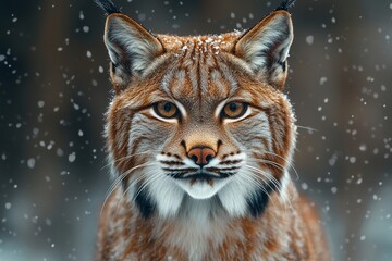 Obraz premium A Eurasian lynx in the snow with piercing amber eyes and tufted ears, showcasing its rugged beauty.