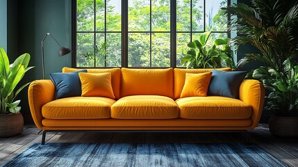Fototapeta premium Modern living room interior design with yellow velvet sofa and houseplants