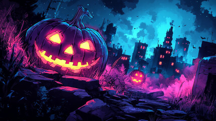 Two jack-o'-lanterns glow in the night, a spooky cityscape behind.