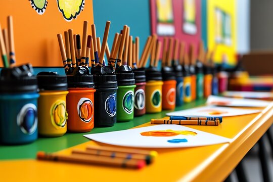 Preschool art station with finger paints, crayons, and paper, where children are encouraged to express themselves creatively while developing fine motor skills