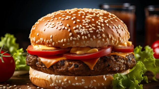 colorful, tasty meat burger with fire in background, fast food concept