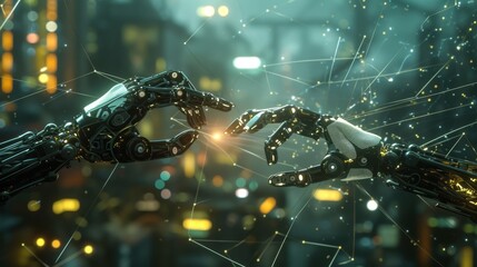 Two sleek robotic hands reach towards each other in a futuristic setting, symbolizing connection, collaboration, and technological unity. The abstract digital network surrounding the hands highlights