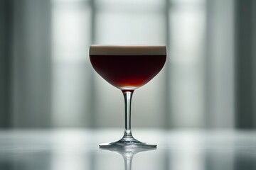 Martini glass filled with a dark red liquid placed against a soft gradient background evoking elegance and a calm atmosphere
