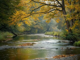 Serene Autumn River Flowing Through Forest