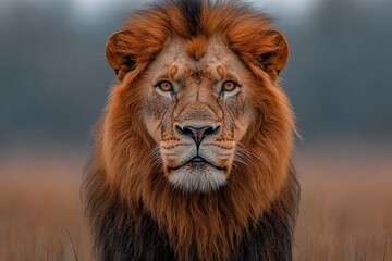 Obraz premium Majestic male lion with a rich mane staring directly at the camera in the wild.