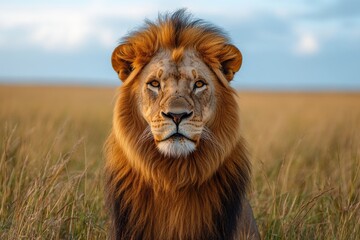 Majestic male lion with a golden mane staring intensely in the open savannah.