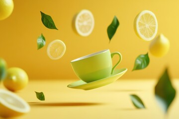 Tea cup floating with lemon and tea leaves on a bright yellow background