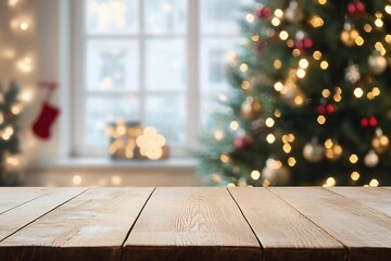 Empty table in front of christmas tree with decoration background
