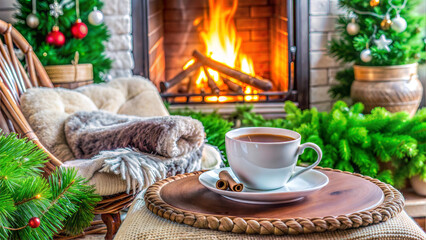 Title: Christmas coffee by the fireplace, festive holiday scene with green decorations