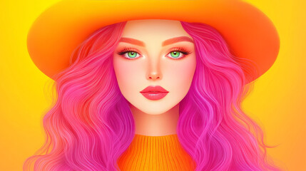 Obraz premium Woman with pink hair and a hat.