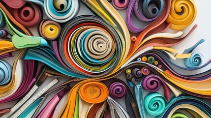 Beautiful swirling patterns of books, pens, and rulers form an intricate abstract design on a white backdrop during an educational artistic display