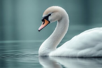 Fototapeta premium Elegant white swan gracefully gliding on serene water.