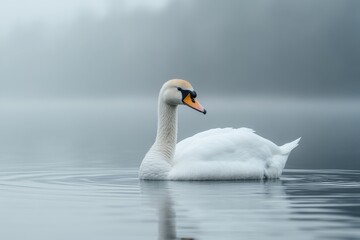 A serene white swan gracefully gliding on a misty lake, reflecting tranquility.