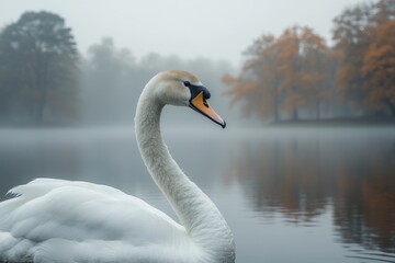 Majestic swan gracefully glides on a misty lake with autumn foliage in the background.