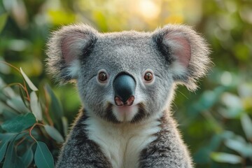 Close-up of a cute koala bear with large ears and a black nose in a lush green forest.