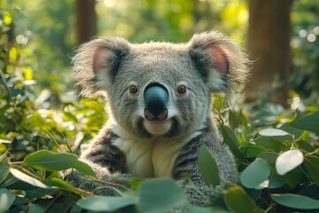 Obraz premium Close-up of a koala surrounded by lush green eucalyptus leaves in a forest setting.