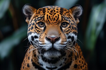 Obraz premium Close-up portrait of a majestic jaguar with a striking spotted coat and intense gaze.