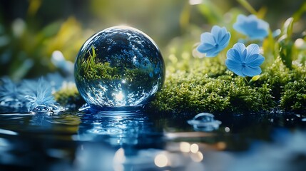 Crystal ball reflecting a forest scene with blue flowers and moss in a shallow pool of water.