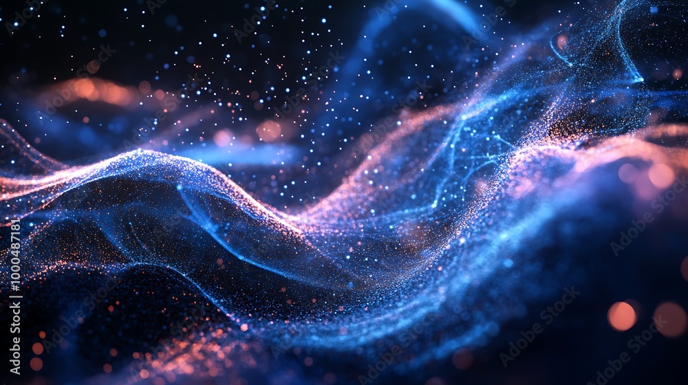 Fototapete 3d sci-fi background featuring glowing particles and a dynamic grid formation