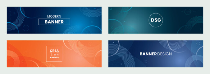 Colorful web banner template. Collection of horizontal promotion banners with gradient colors and abstract background with geometric shapes. Header design. Vibrant coupon template.