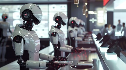 Fototapeta premium A group of cybernetic robots efficiently serve customers in a high-tech cafe, illustrating the future of the service industry. The environment is sleek and technologically advanced, featuring robots