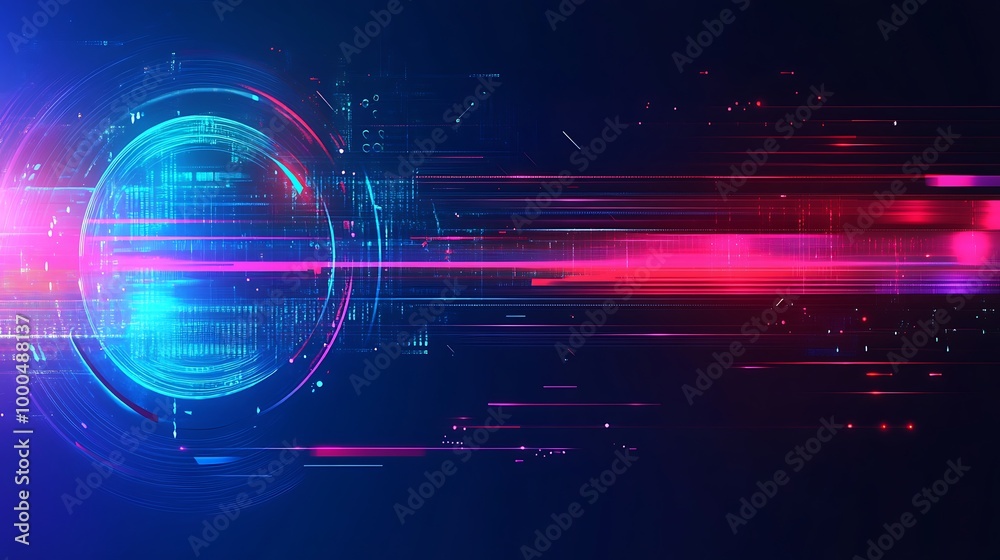Poster abstract digital technology background with glowing lines, digital sphere, and code.