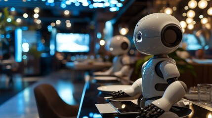 Fototapeta premium Robots equipped with advanced technology are seated at a sleek modern restaurant, ready to serve meals. The environment features ambient lighting and a futuristic design, depicting the future of