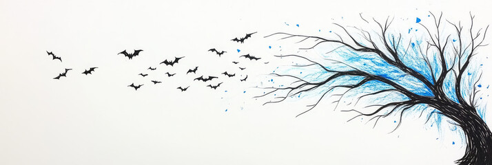 Fototapeta premium A hand-drawn illustration of bats flying away from a blue and black tree.
