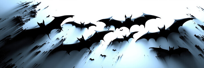 Silhouettes of bats flying against a white background.