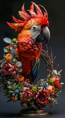 Fototapeta premium Stunning Red Macaw Parrot Amidst Vibrant Floral Arrangement