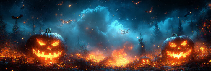 Fototapeta premium Jack-o'-lanterns glow ominously in a dark forest.