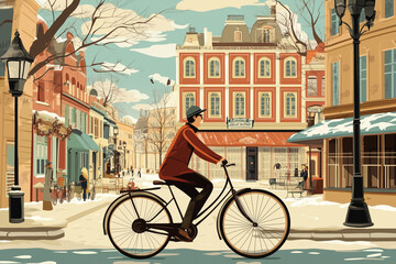 Fototapeta premium Retro Cartoon: A Cyclist on an Old-fashioned Bicycle