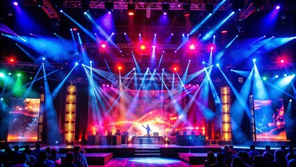 A brightly lit concert stage with a band performing in front of a large audience.