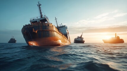 Fototapeta premium Ships at sea during sunset, reflecting warm light on water surface.