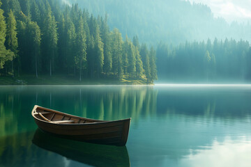 Serenity on Water: Rowing Boat on a Tranquil Mountain Lake