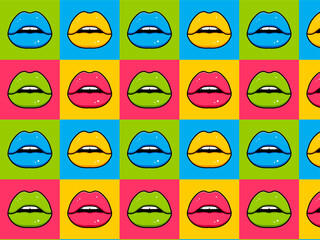 Pattern multicolored lips. Vector illustration in pop art style