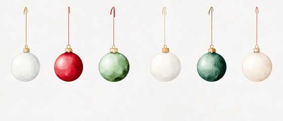 Colorful watercolor Christmas baubles white background.