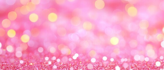 pink glittery background with soft bokeh lights, creating a dreamy festive scene.