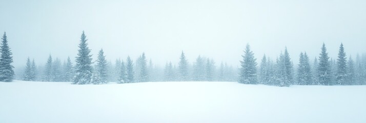 Snow-covered pine trees in a winter landscape with misty, overcast skies, creating a serene, monochromatic scene.