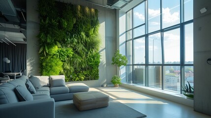 A contemporary living room features sleek furniture and a lush vertical garden on the wall. Large floor-to-ceiling windows let in natural light, creating a bright and airy atmosphere perfect for eco