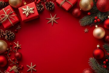 Obraz premium Holiday Ornament Arrangement Top view of artisanal gift boxes, chic tree embellishments, red and gold balls, glimmering star, snowflakes, mistletoe berries on red surface, ready for your festive text