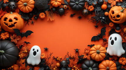 Spooky Halloween decorations on an orange background.