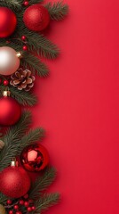 Red Christmas ornaments hanging from a pine branch with lights in the background. A classic holiday scene filled with festive warmth.