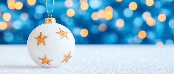 White Christmas ornament sitting on a snowy surface with warm, golden bokeh lights in the background. A festive and serene holiday scene