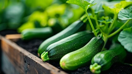 Fresh zucchinis growing in a wooden crate, organic gardening.
