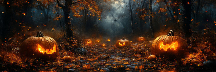 Jack-o'-lanterns glow ominously in a dark, misty forest.