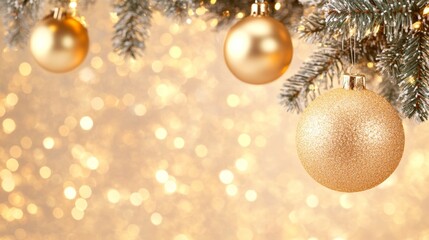 Golden Christmas ornament hanging from a frosted pine branch. Warm lights in the background create a soft bokeh effect